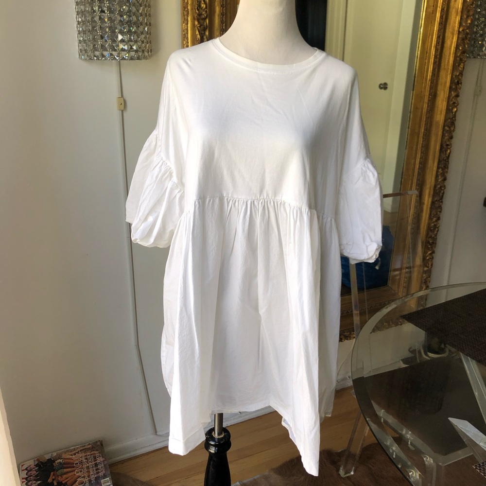 Zara cotton Elegant White Women's mini dress bubble sleeve size medium